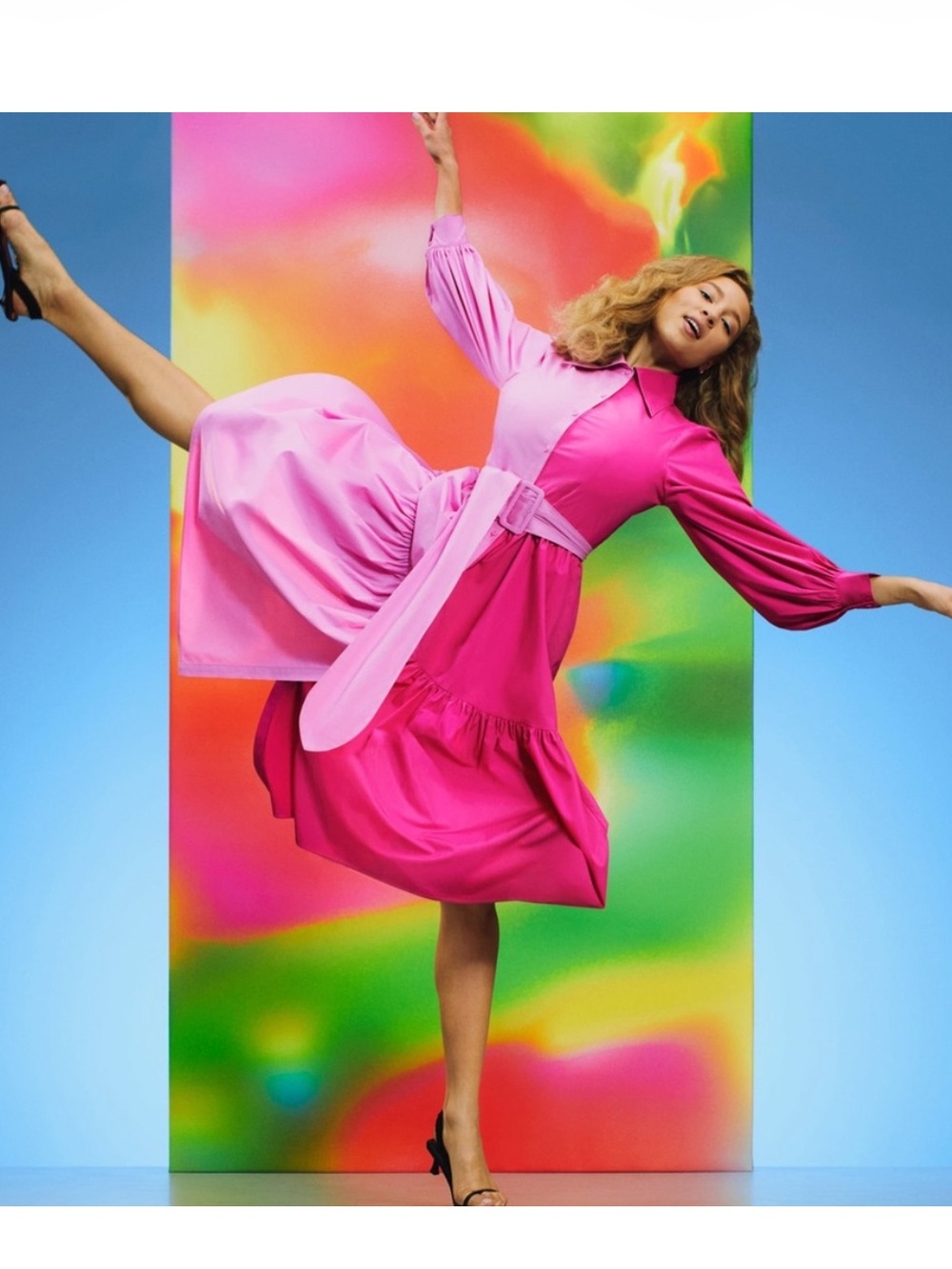 Christopher John Rogers Women's Two-Tone Pink Midi Shirt Dress with Belt